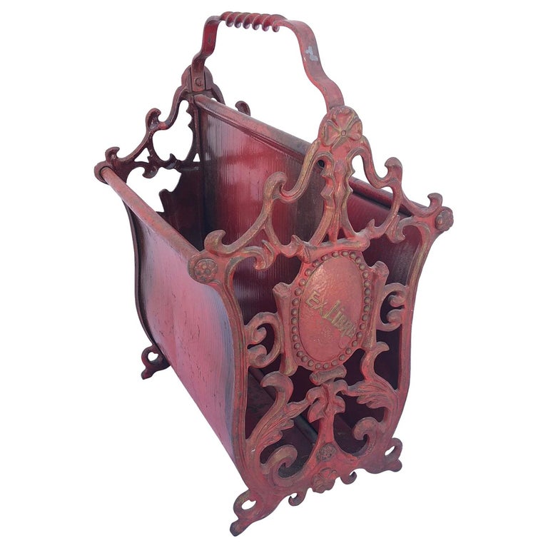 Red Painted Wrought Iron Magazine Rack, "Ex Libris" For Sale