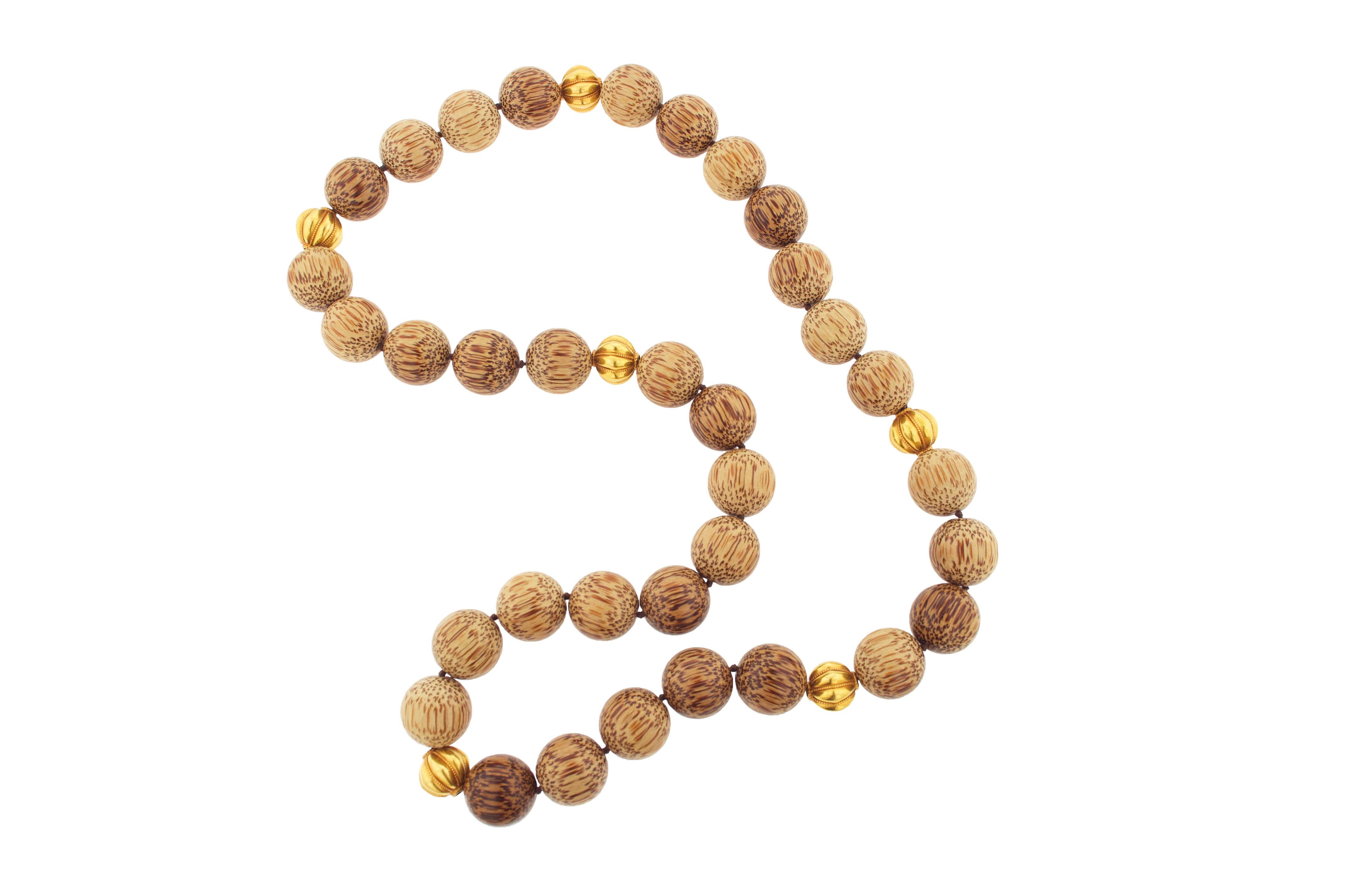 Contemporary Red Palm Wood and Gold Bead Necklace For Sale