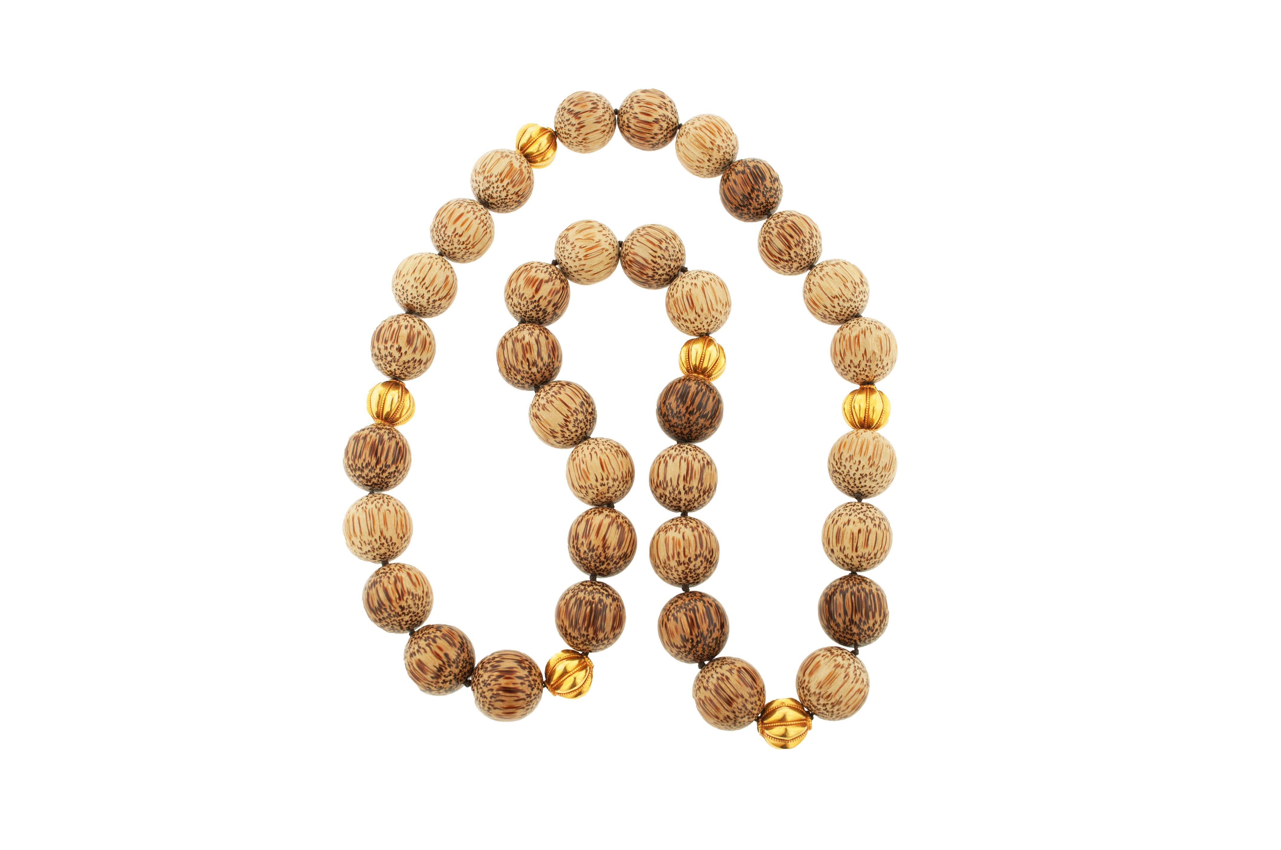 Women's or Men's Red Palm Wood and Gold Bead Necklace For Sale