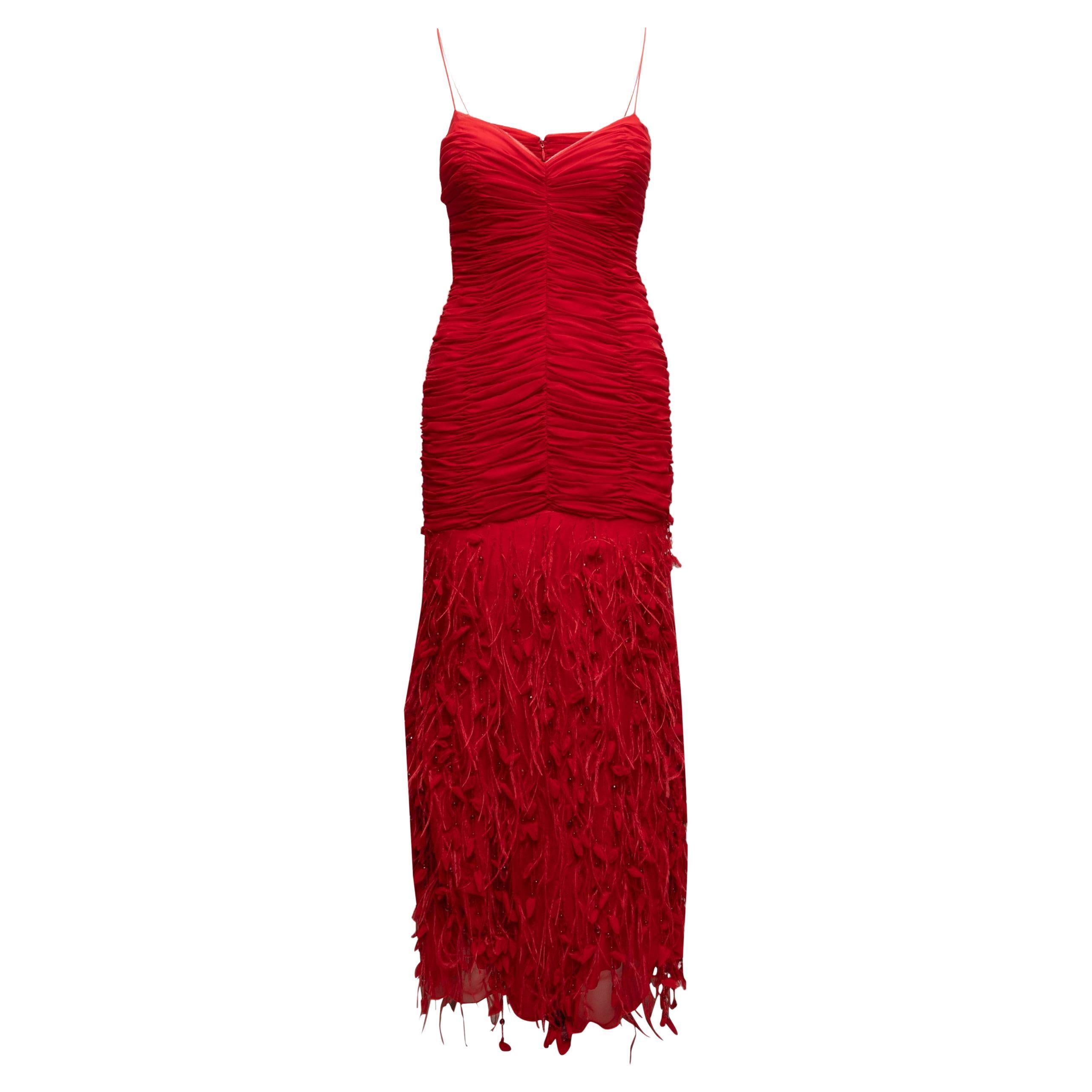 Red Pamela Roland Feather-Trimmed Silk Evening Dress Size US 6