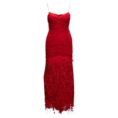 Red Pamela Roland Feather-Trimmed Silk Evening Dress Size US 6