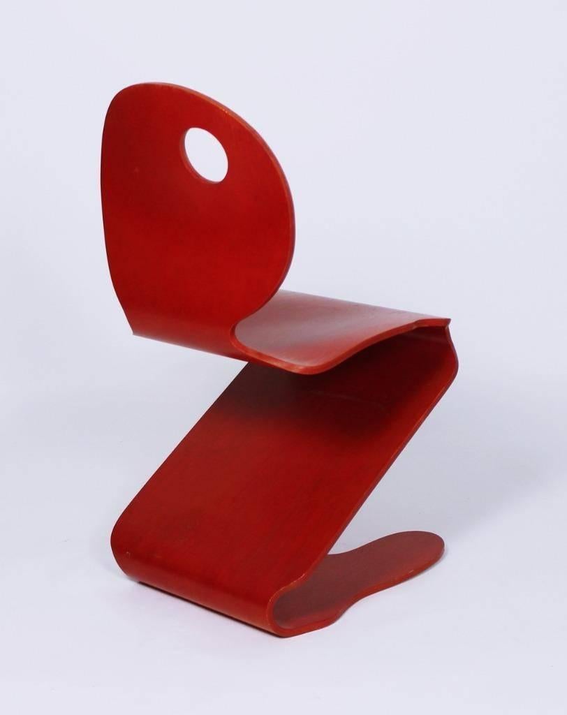 Danish Red Pantonic Molded Plywood Side Chair by Verner Panton for Studio Hag For Sale