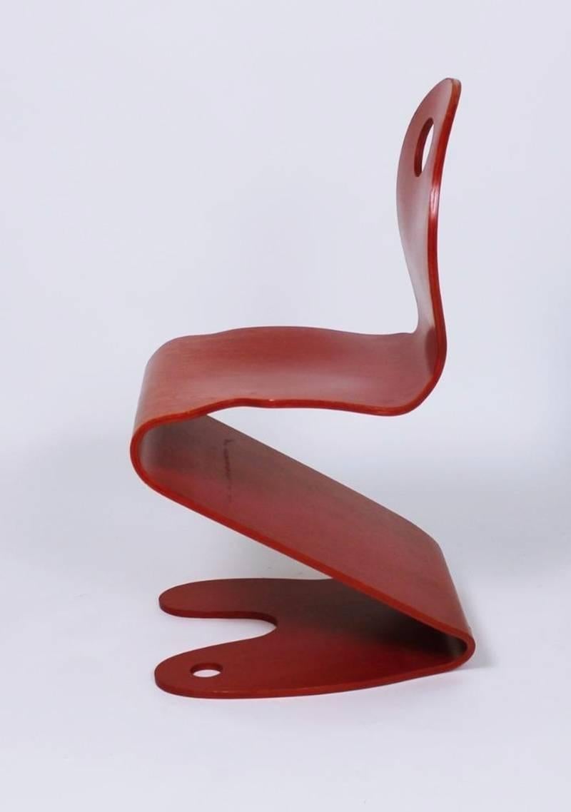 Red Pantonic Molded Plywood Side Chair by Verner Panton for Studio Hag For Sale 1