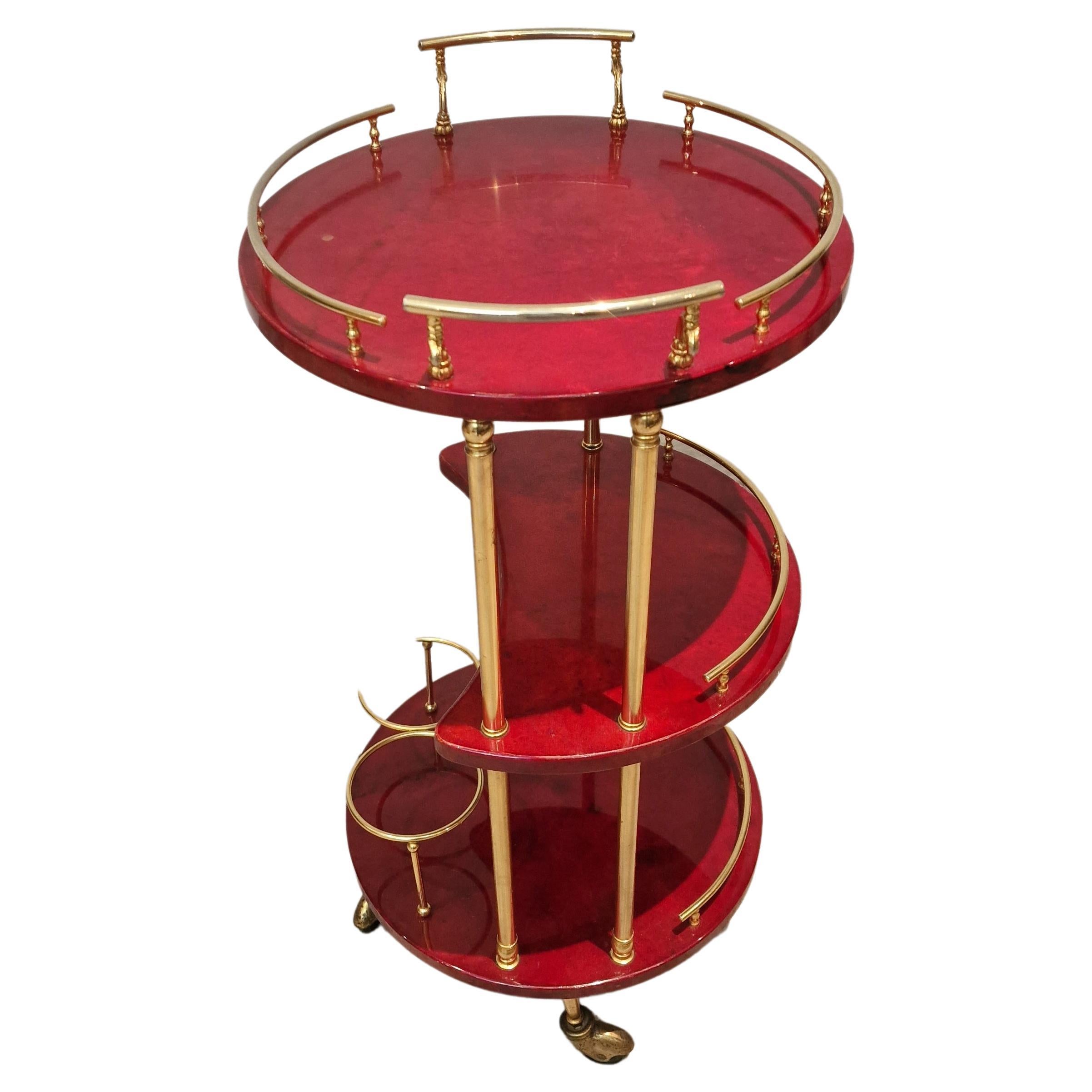 Red Parchment "Aldo Tura" Round Serving Trolley with Brass Details, Italy, 1970s