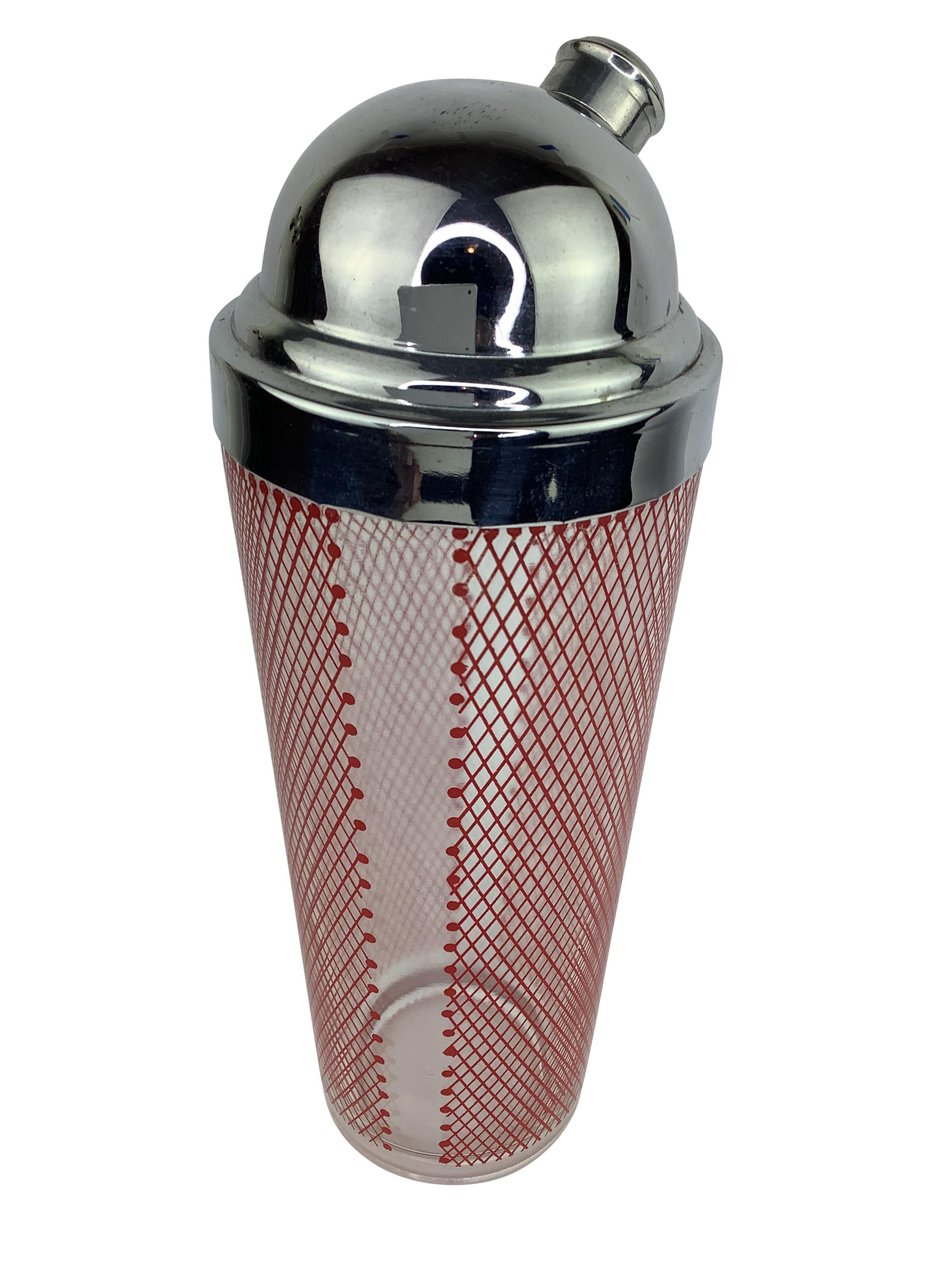 Vintage Art Deco period cocktail shaker decorated in a red criss-cross pattern with dome top chrome cover.