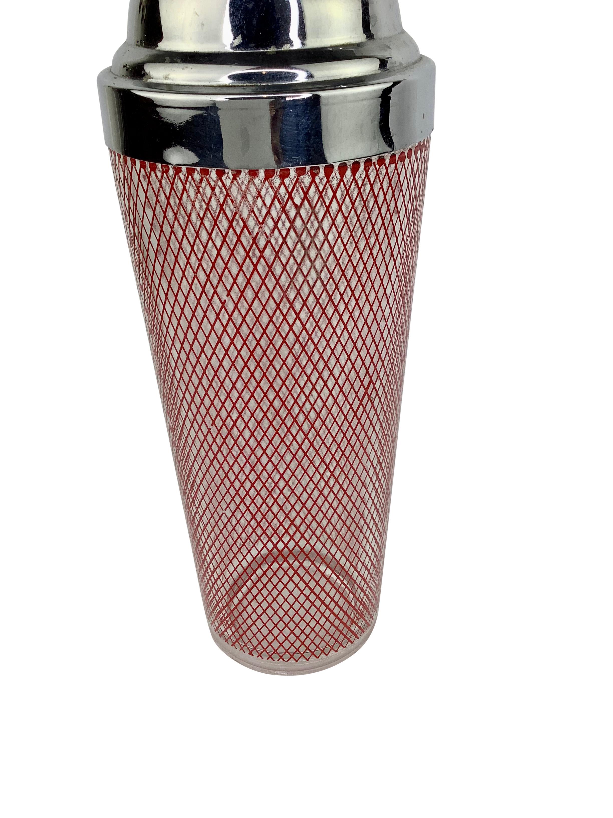 20th Century Red Pattern Glass and Chrome Art Deco Cocktail Shaker