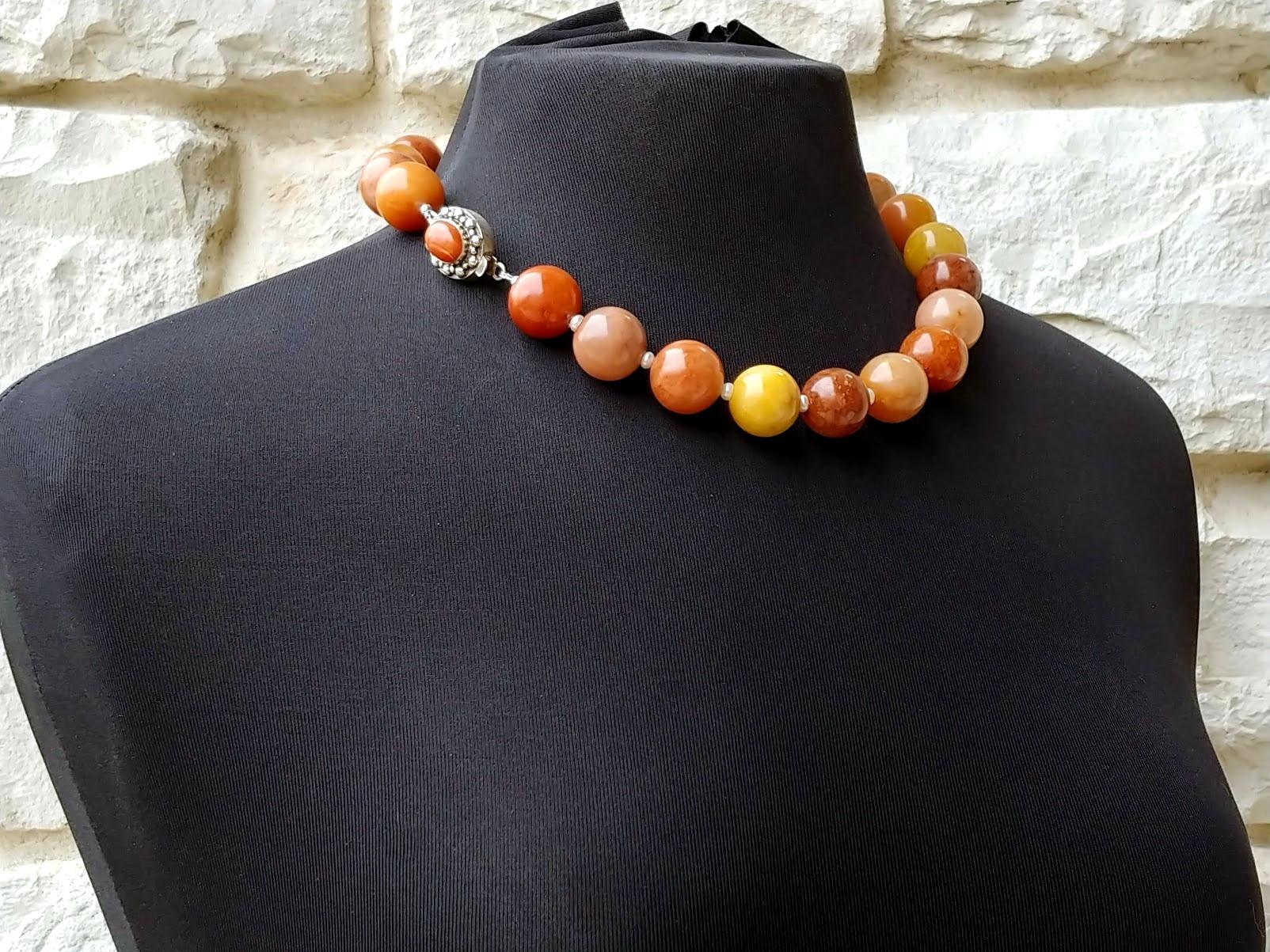 Bead Red Peach Jasper and Freshwater Pearl Necklace For Sale