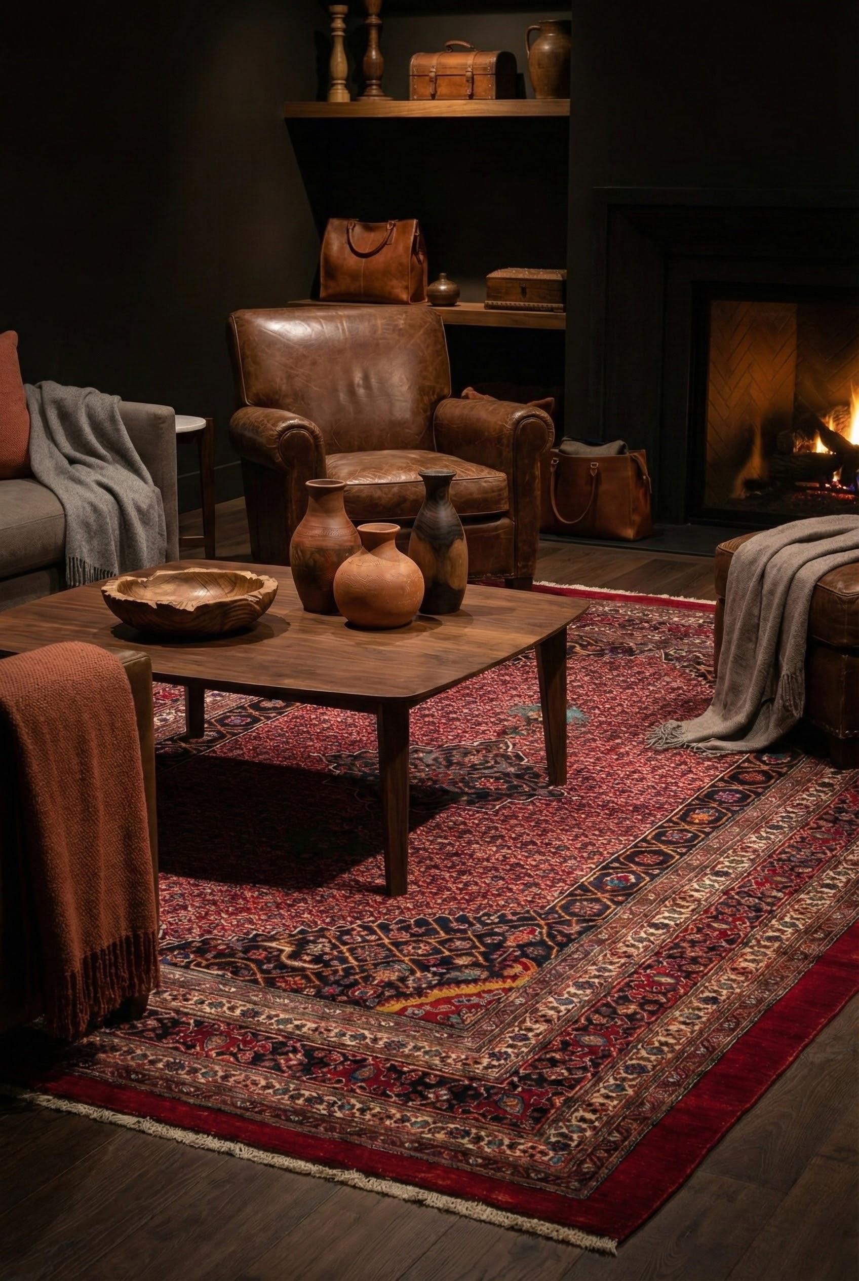 Tribal Red Persian Bijar Wool Hand Knotted Rug 7 ft x 9 ft , Medallion Garden Harmony en vente