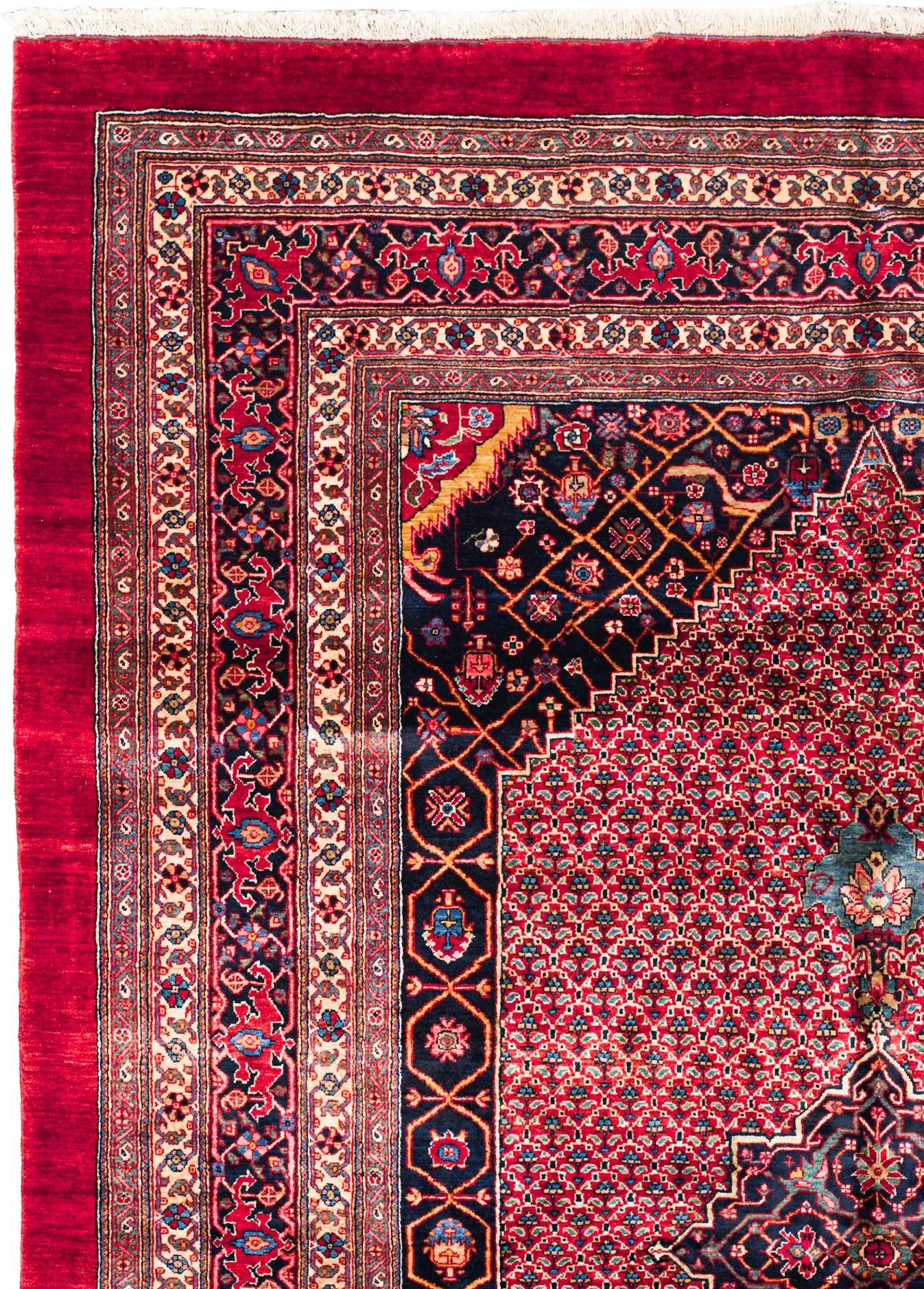 Perse Red Persian Bijar Wool Hand Knotted Rug 7 ft x 9 ft , Medallion Garden Harmony en vente