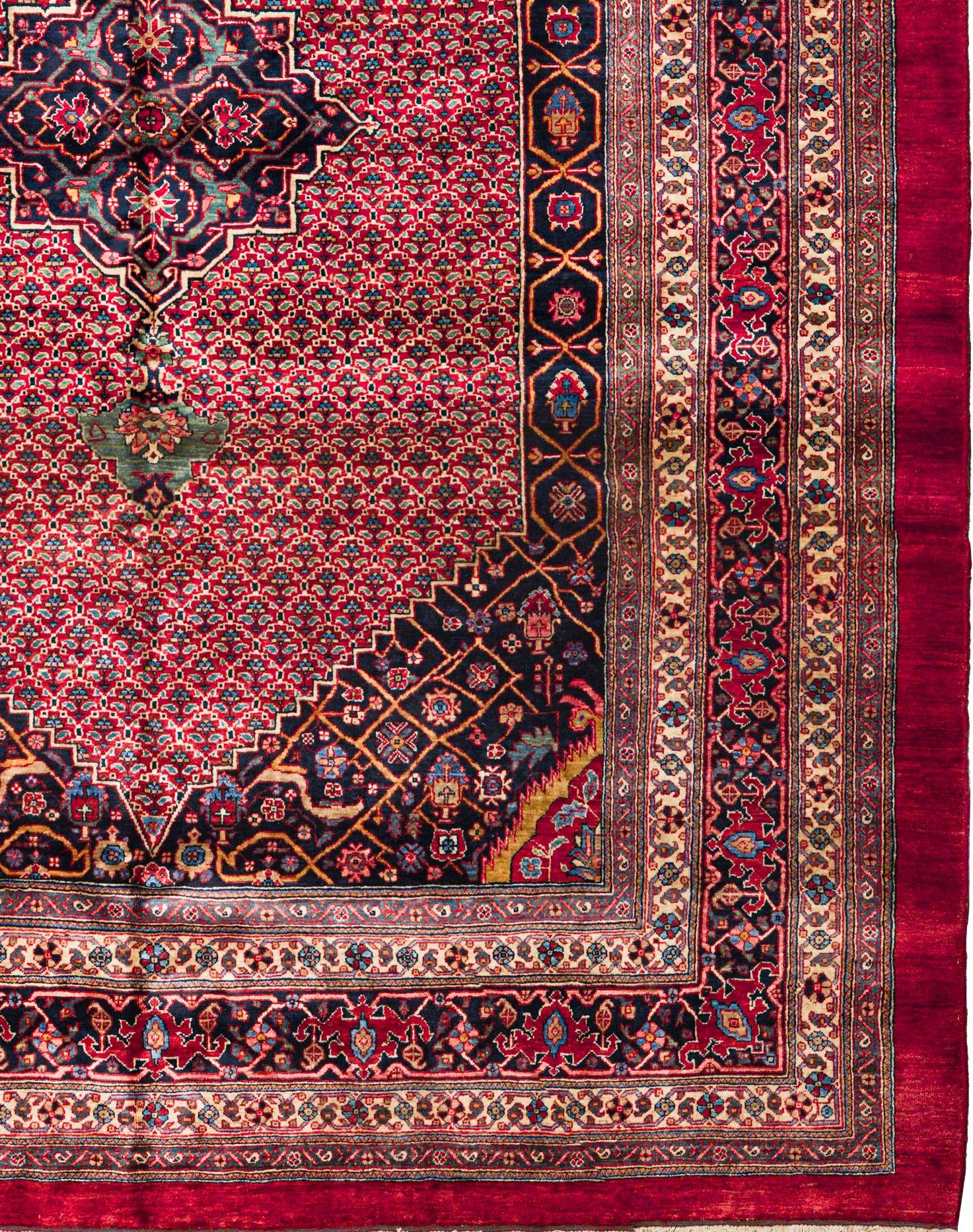 Tissé à la main Red Persian Bijar Wool Hand Knotted Rug 7 ft x 9 ft , Medallion Garden Harmony en vente