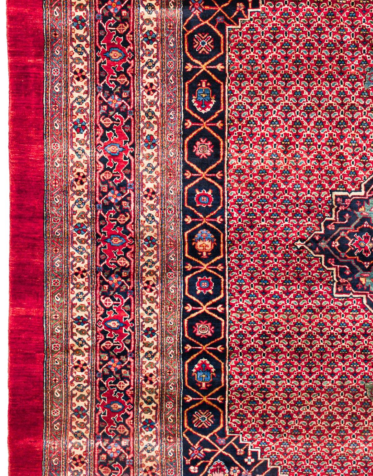 Début du 20ème siècle Red Persian Bijar Wool Hand Knotted Rug 7 ft x 9 ft , Medallion Garden Harmony en vente