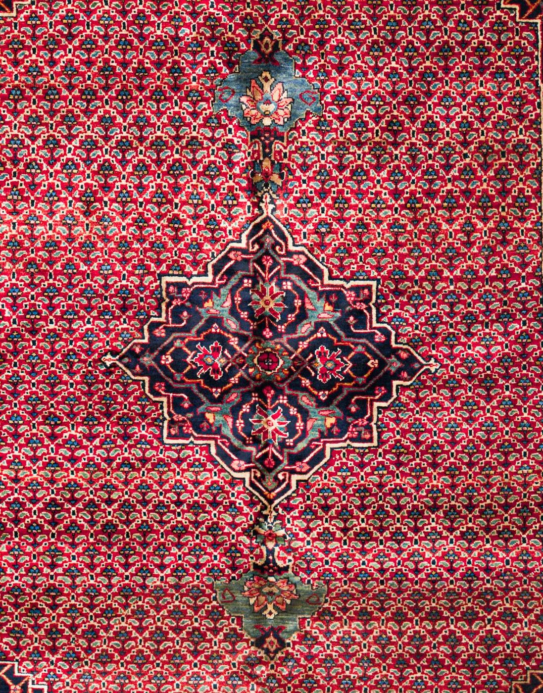 Laine Red Persian Bijar Wool Hand Knotted Rug 7 ft x 9 ft , Medallion Garden Harmony en vente