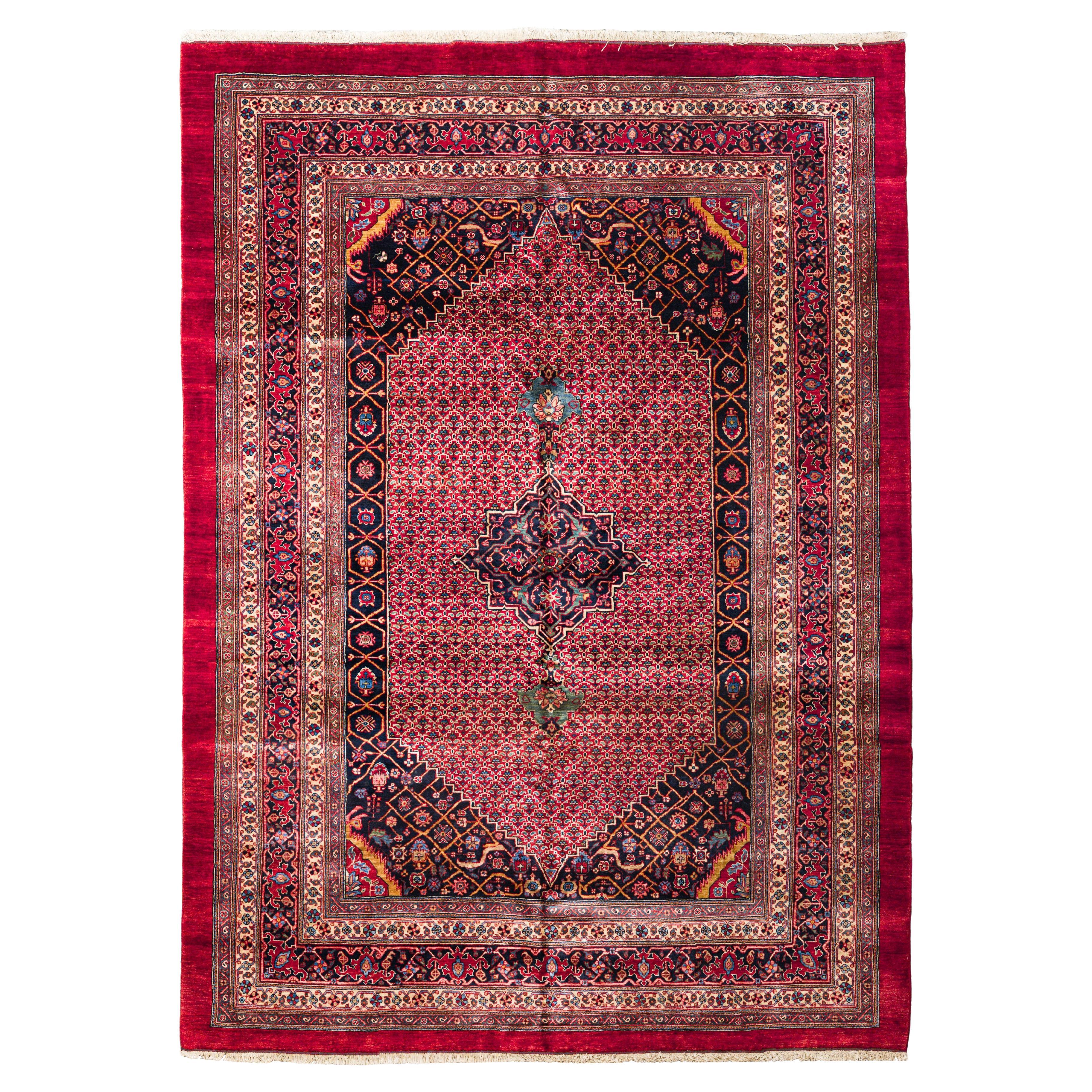 Red Persian Bijar Wool Hand Knotted Rug 7 ft x 9 ft , Medallion Garden Harmony en vente