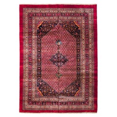 Red Persian Bijar Wool Hand Knotted Rug 7 ft x 9 ft , Medallion Garden Harmony