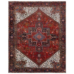 Red Persian Heriz Semi Antique Distressed Herbal Wash Wool Hand Knotted Rug