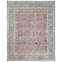 Red Persian Tabriz Design Old Bohemian Hand Knotted Oriental Rug