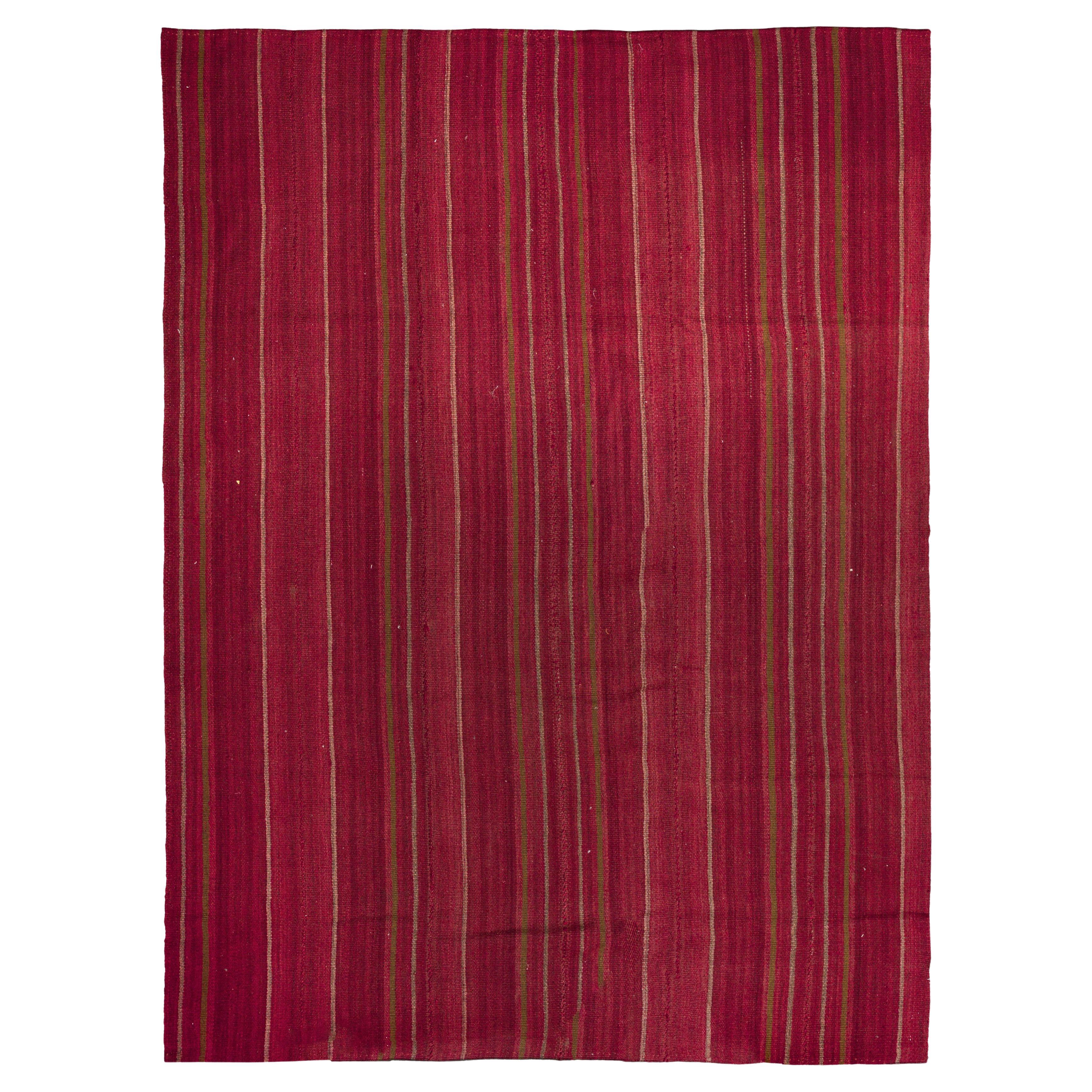 Red Persian Wool Flatweave Rug 7 ft x 9 ft , Tribal Stripe Heritage For Sale