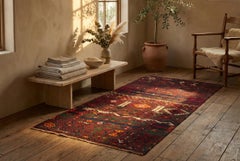 Red Persian Wool Flatweave Runner 3 ft x 7 ft , Tribal Geometry Stripe.