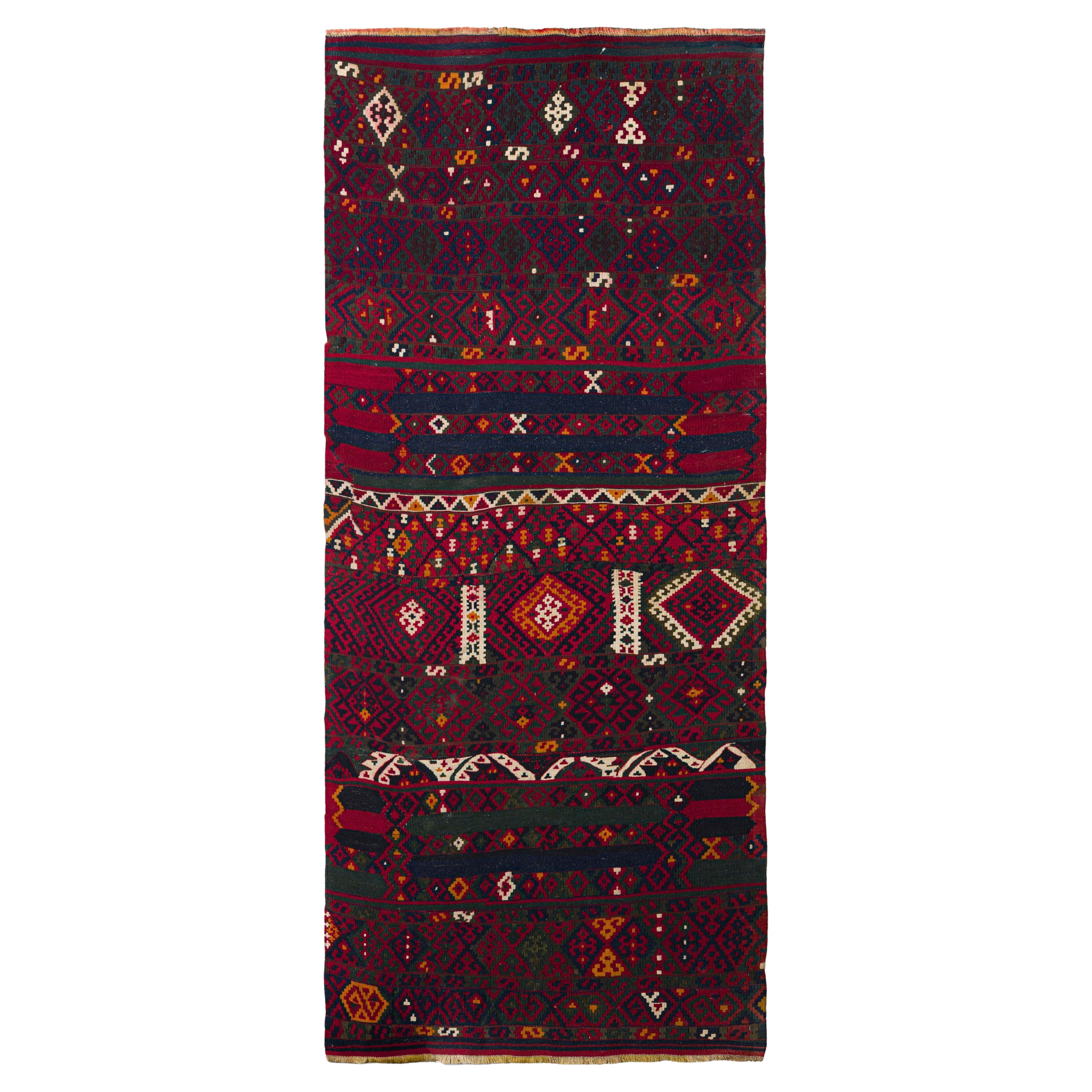 Red Persian Wool Flatweave Runner 3 ft x 7 ft , Tribal Geometry Stripe. For Sale