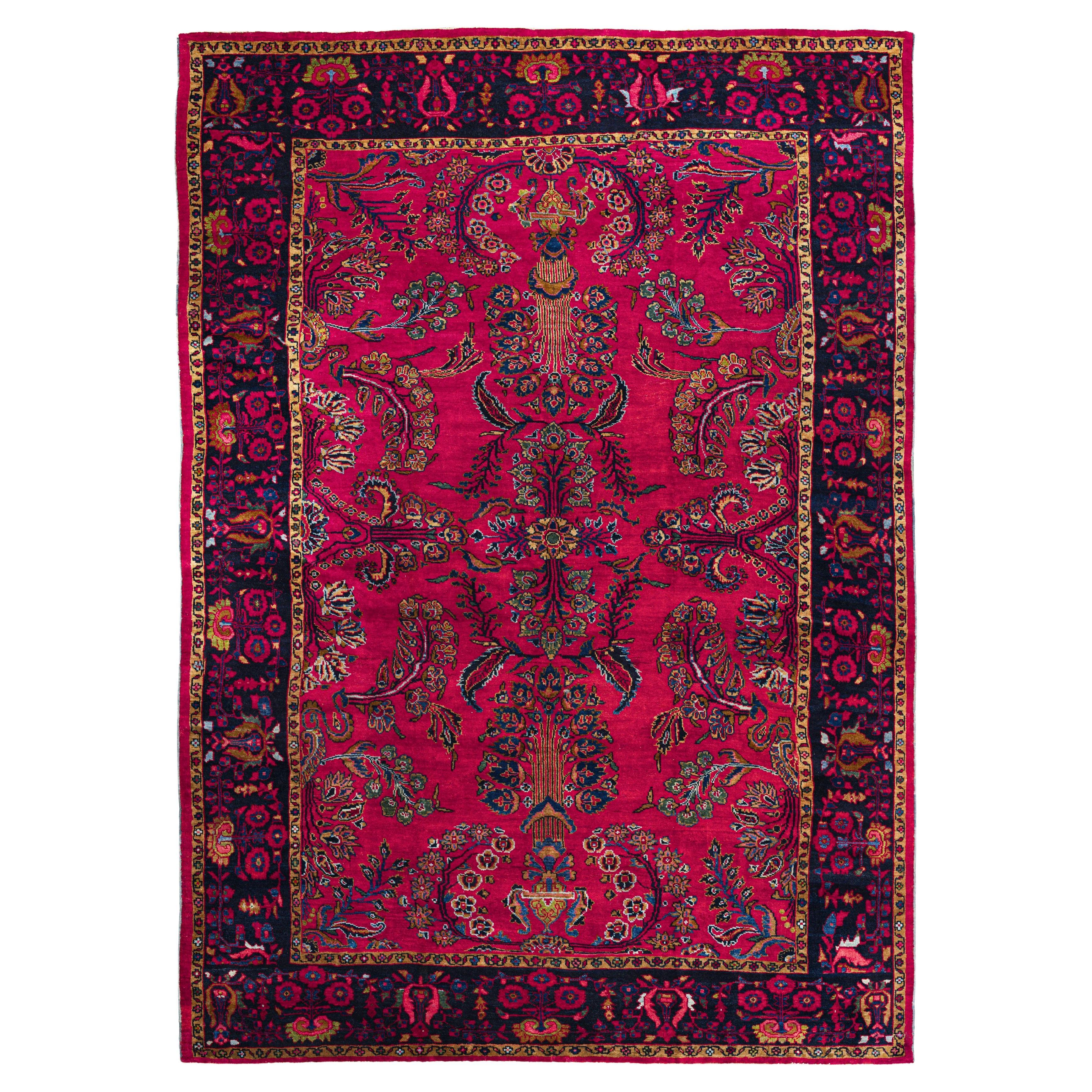 Tappeto rosso persiano in lana annodato a mano 8 piedi x 11 piedi , Crimson Garden Reverie in vendita