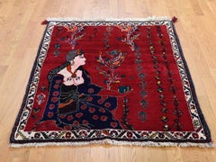 Red Pictorial Persian Shiraz , Women Feeding Birds Pure Wool Hand Knotted Orienta