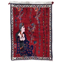 Red Pictorial Persian Shiraz , Women Feeding Birds Pure Wool Hand Knotted Orienta