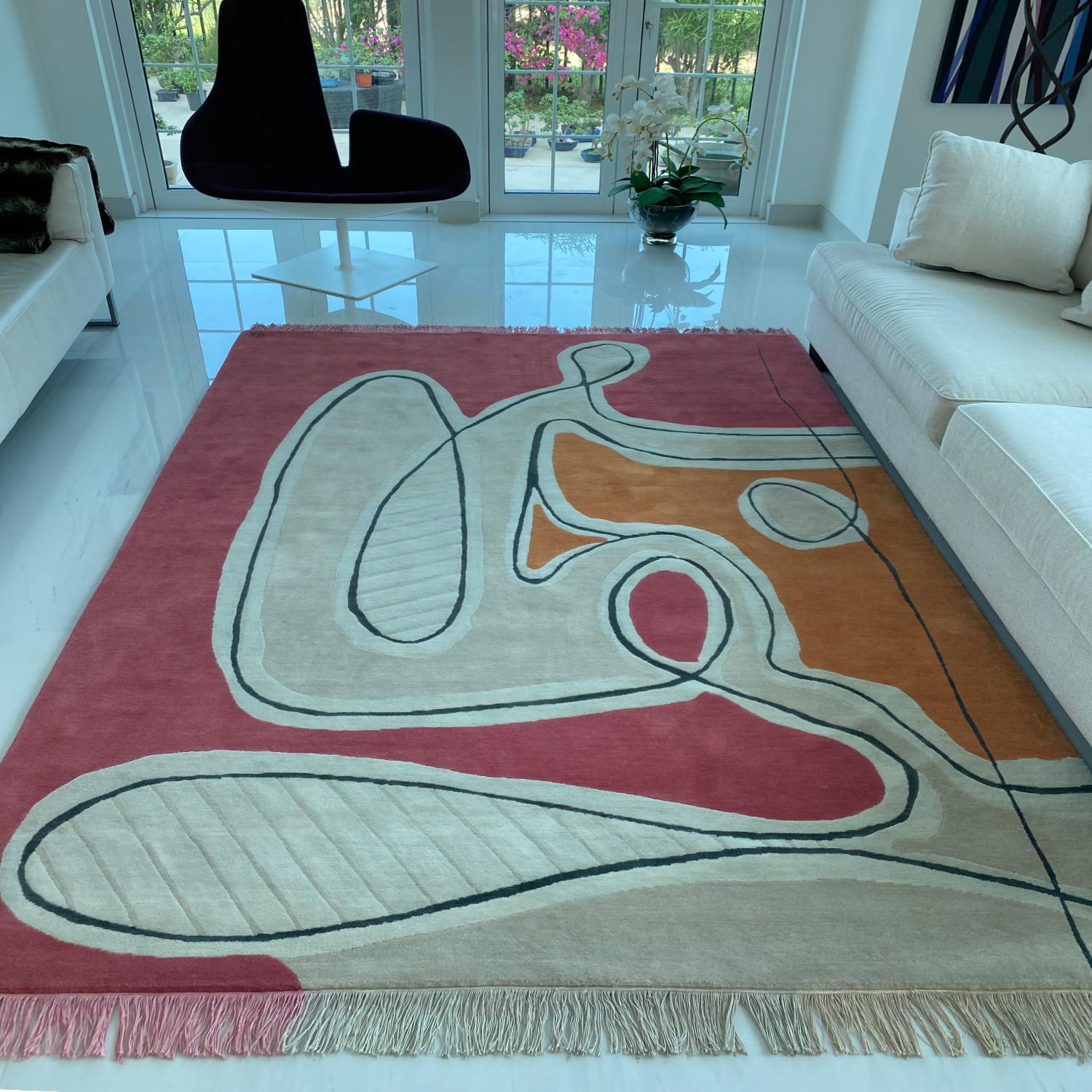 Hand-Knotted  Rug  - Modern Red Pink Cream Black Lines Wool Carpet Handknotted For Sale