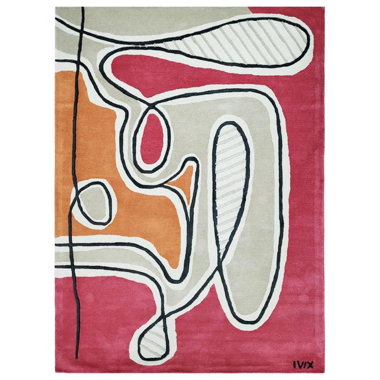 Rug Walk in the Garden Wool Carpet Modern Lines Red Pink Orange Cream