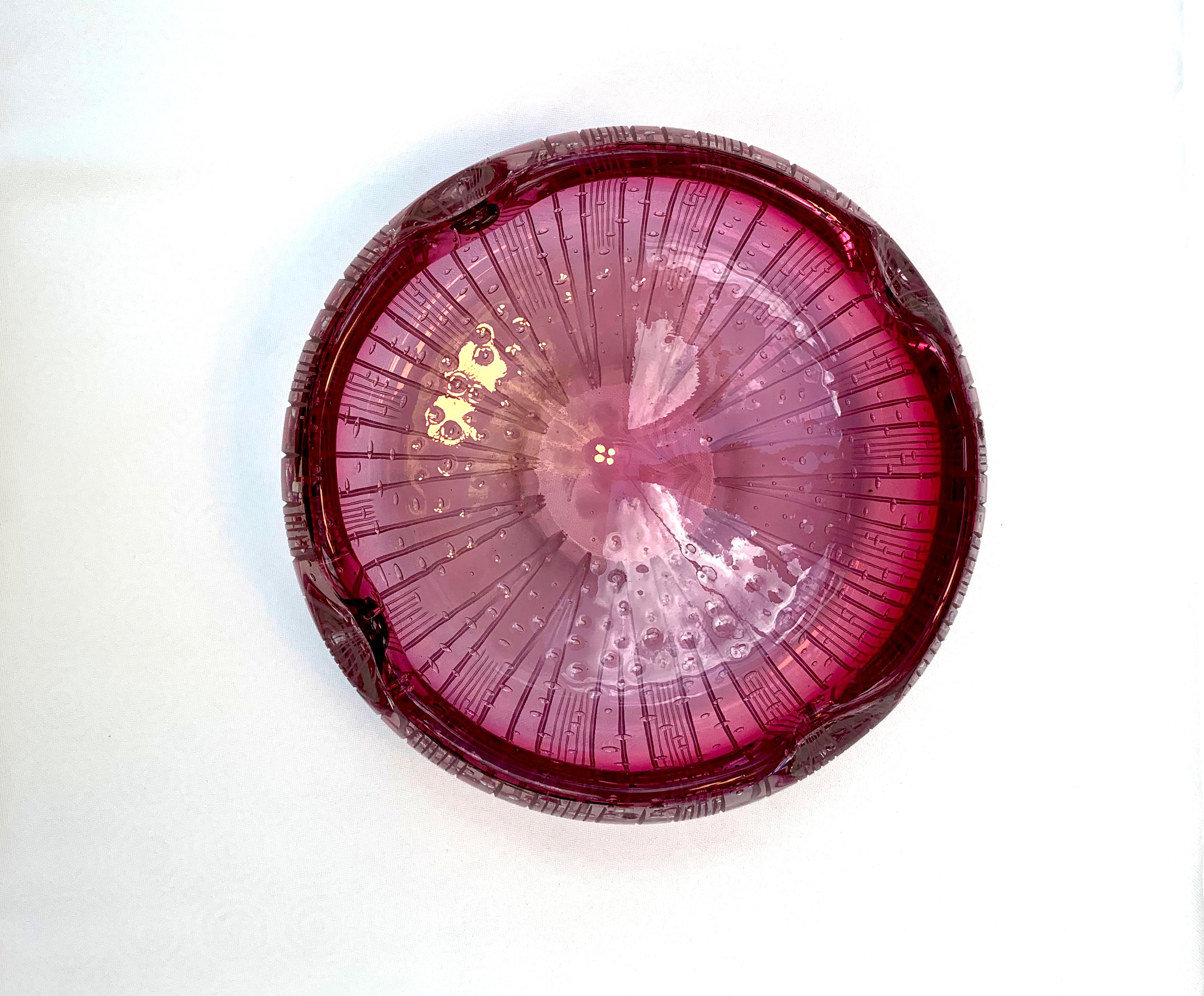 European Red, Pink Glass Bowl with Engraved Flowers