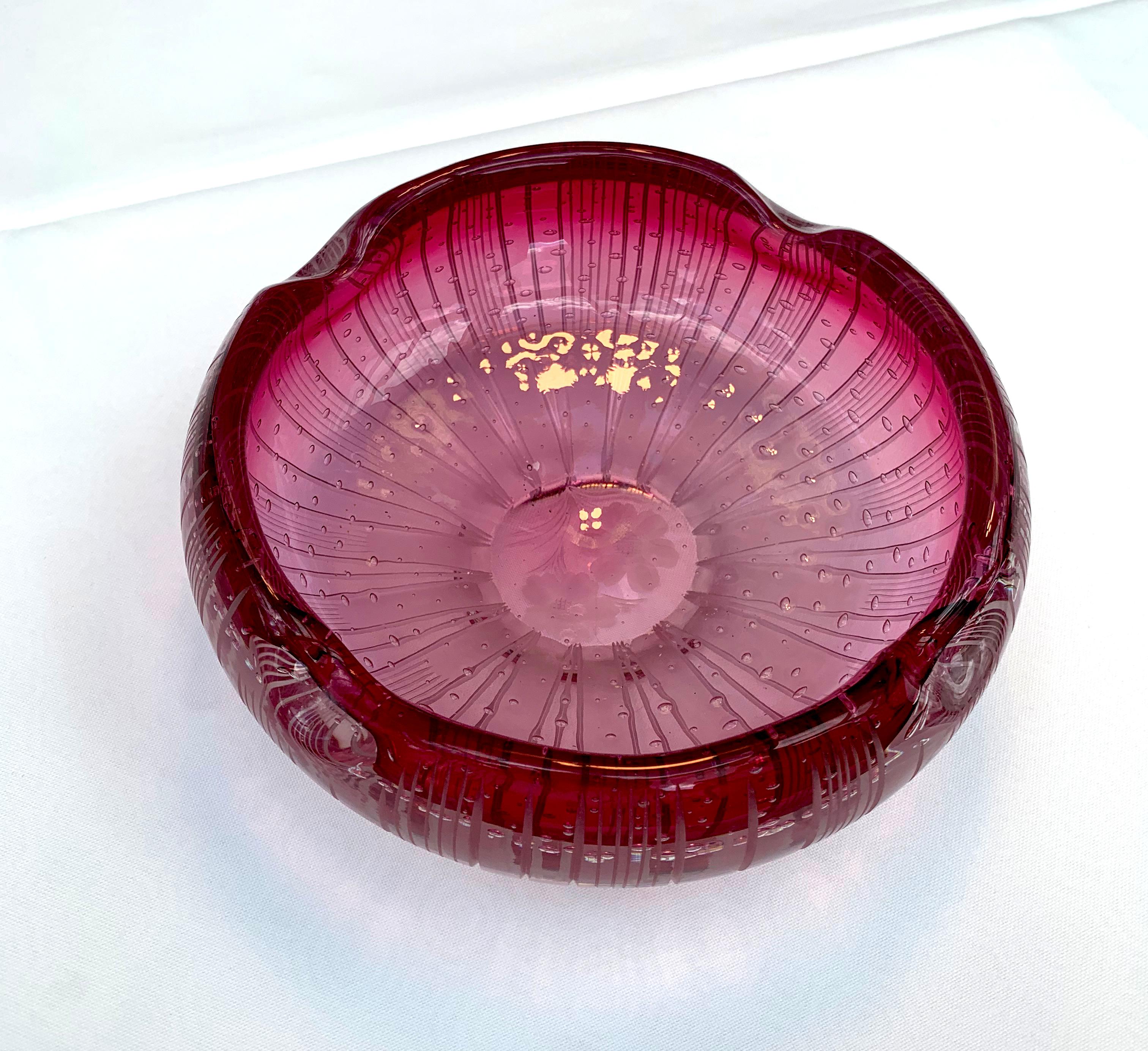 19th Century Red, Pink Glass Bowl with Engraved Flowers