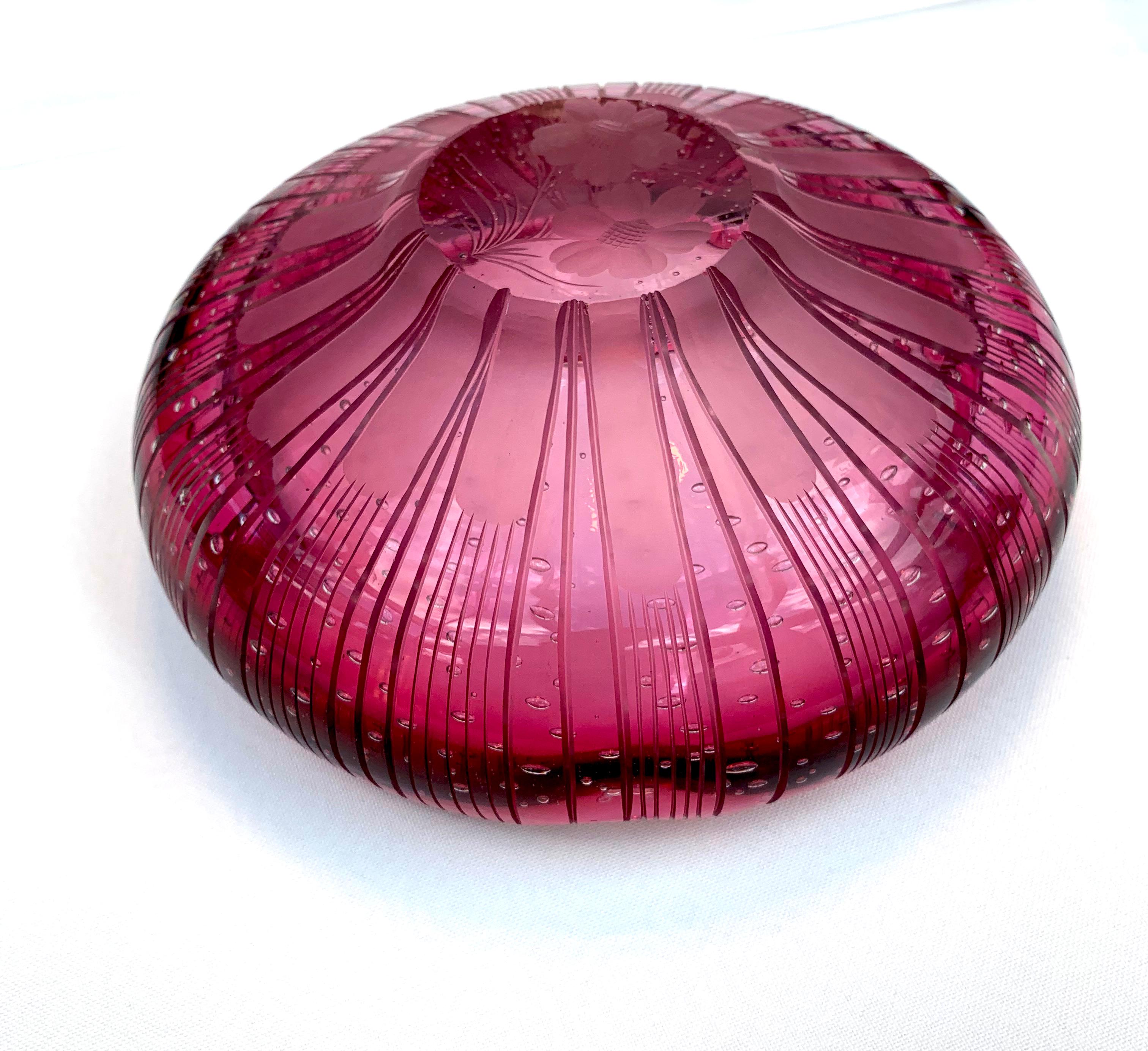 Red, Pink Glass Bowl with Engraved Flowers 2