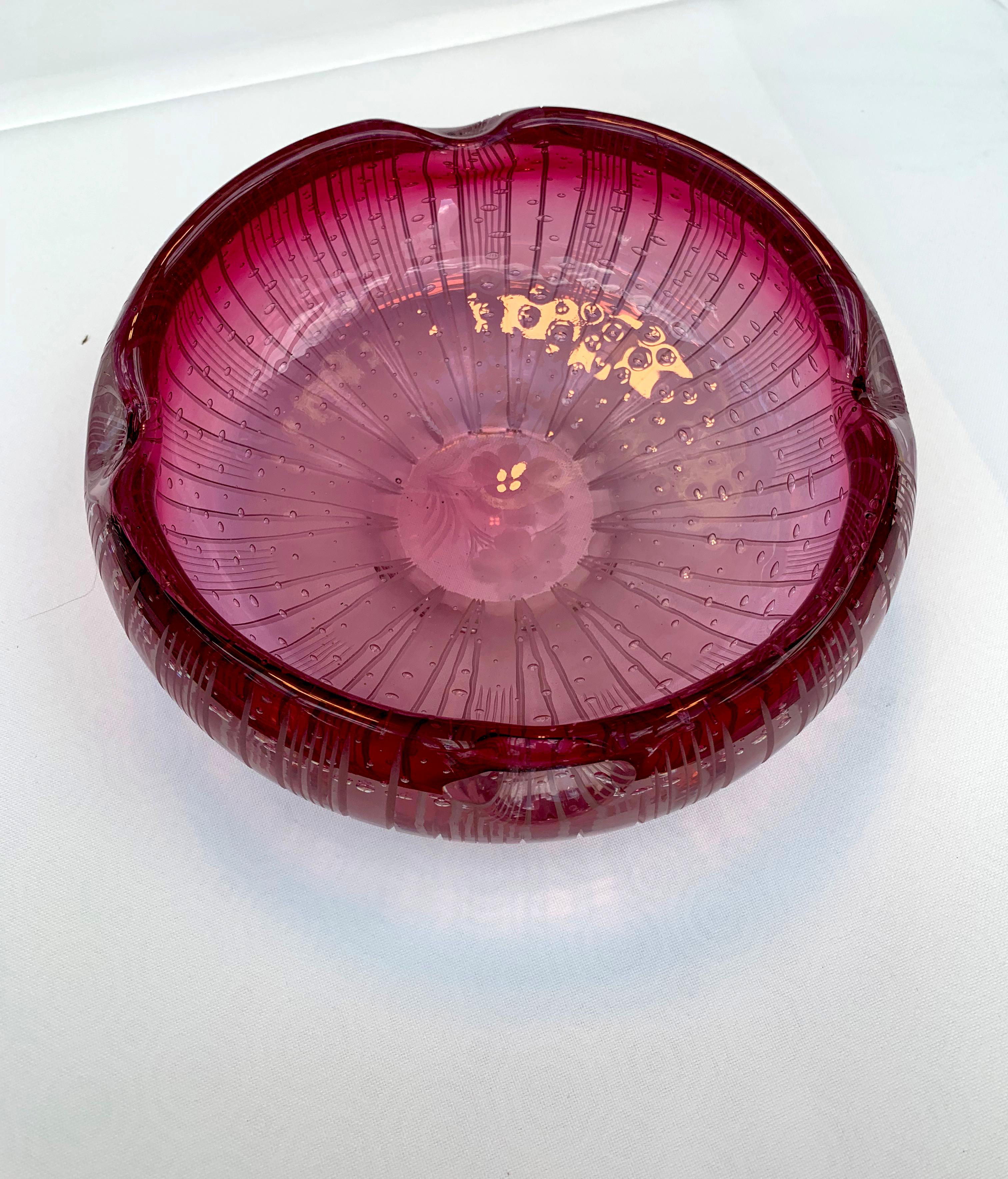 Red, Pink Glass Bowl with Engraved Flowers 3