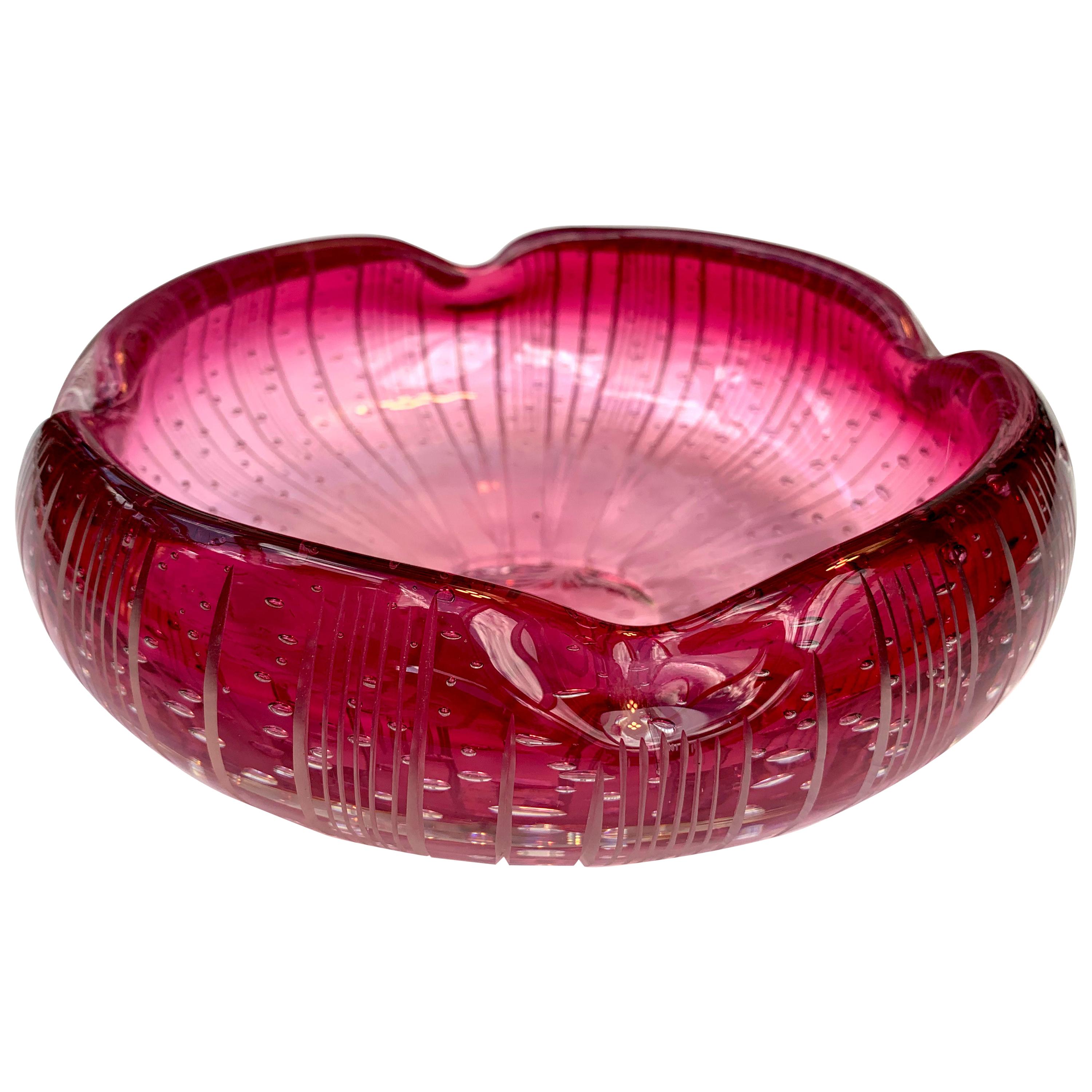 Red, Pink Glass Bowl with Engraved Flowers