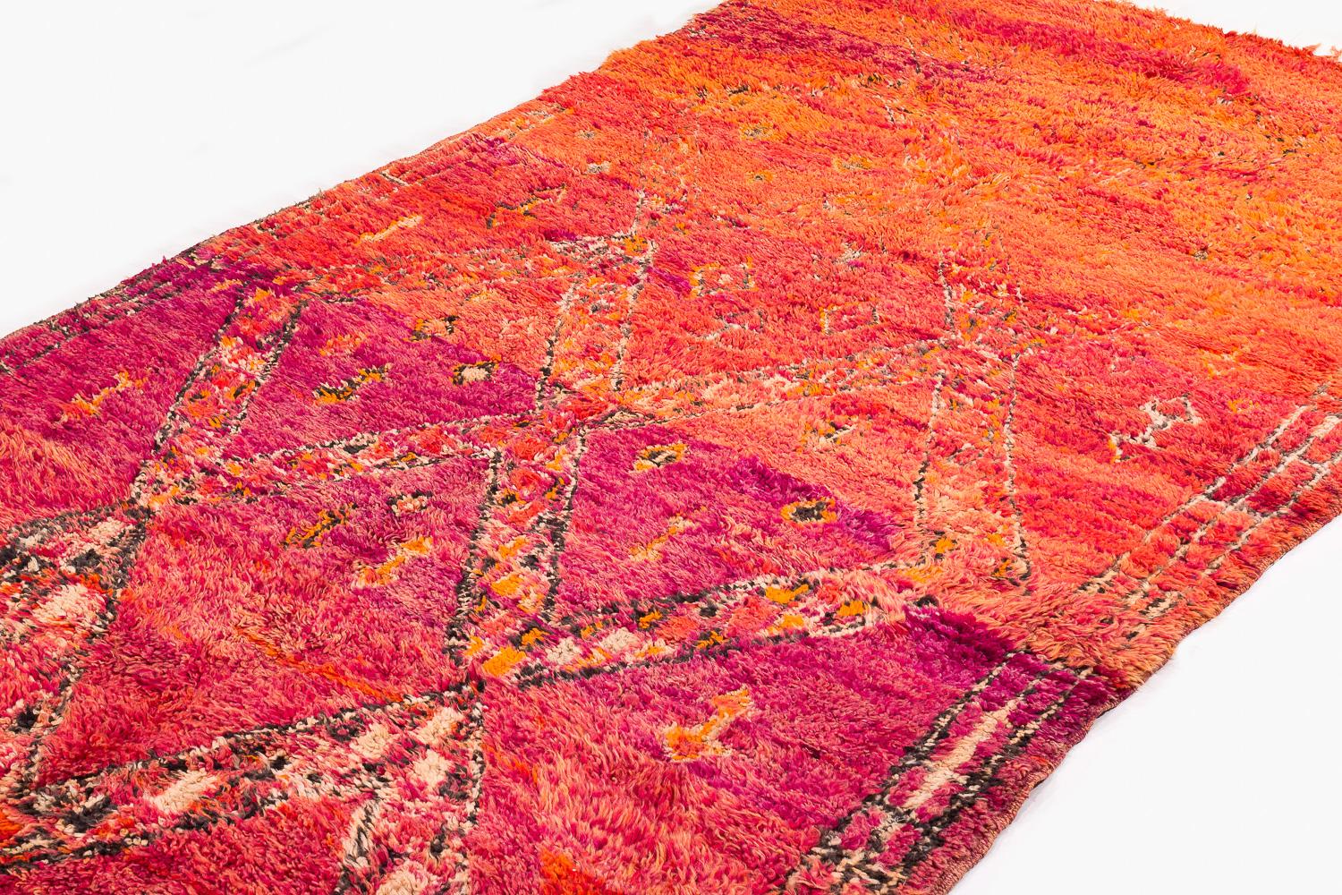 Hand-Woven Antique Ombre Midcentury Collectible Moroccan Wool Shag Area Rug Orange, Violet For Sale
