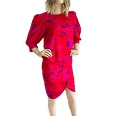 Red Pink Print Silk Tulip Wrap Dress with Puff Sleeves - NWT Flora Kung Vintage
