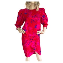 Red Pink Print Silk Tulip Wrap Dress with Puff Sleeves - NWT Flora Kung Vintage 