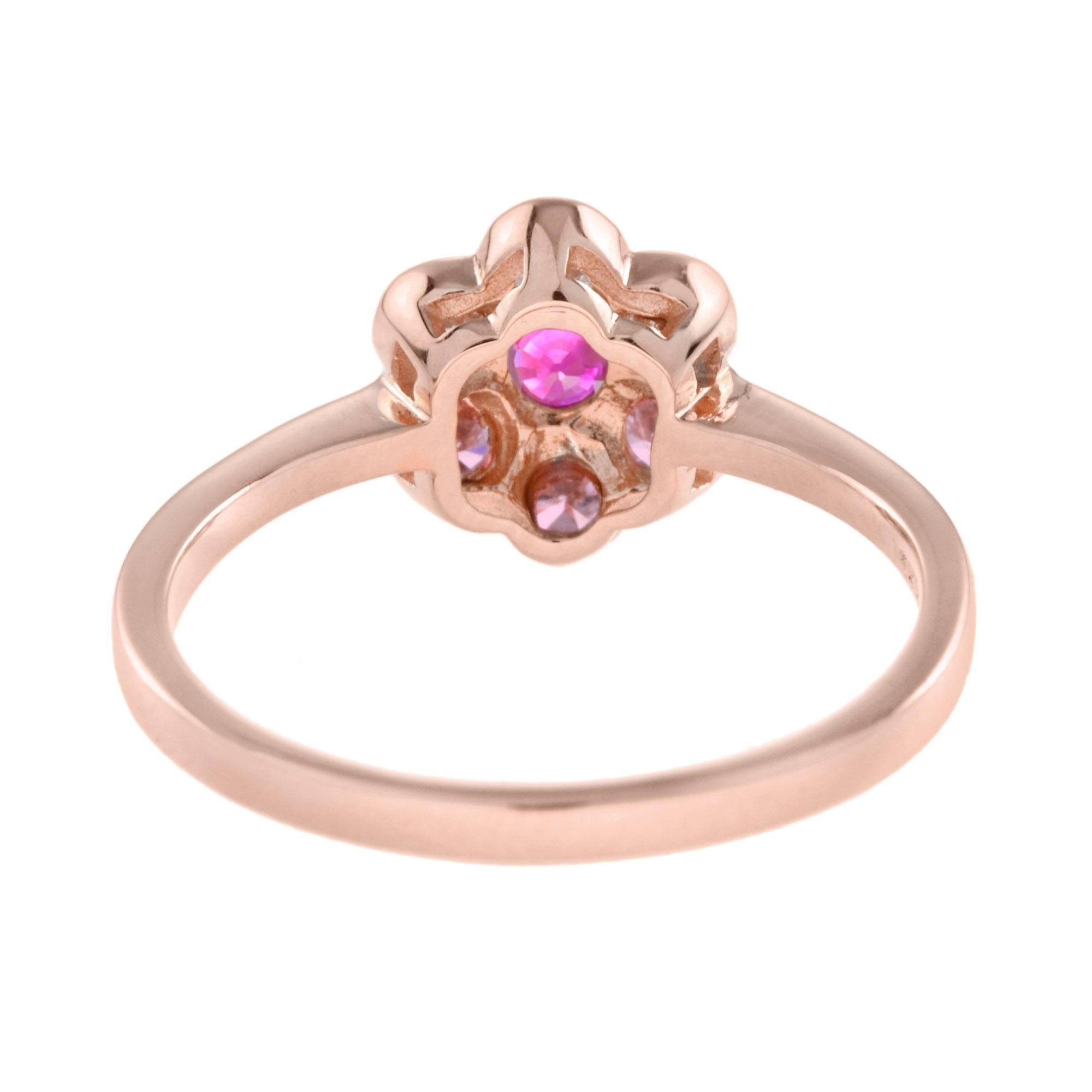 Edwardian Red Pink Round Floral Flower Cluster 14K Rose Gold Ring For Sale