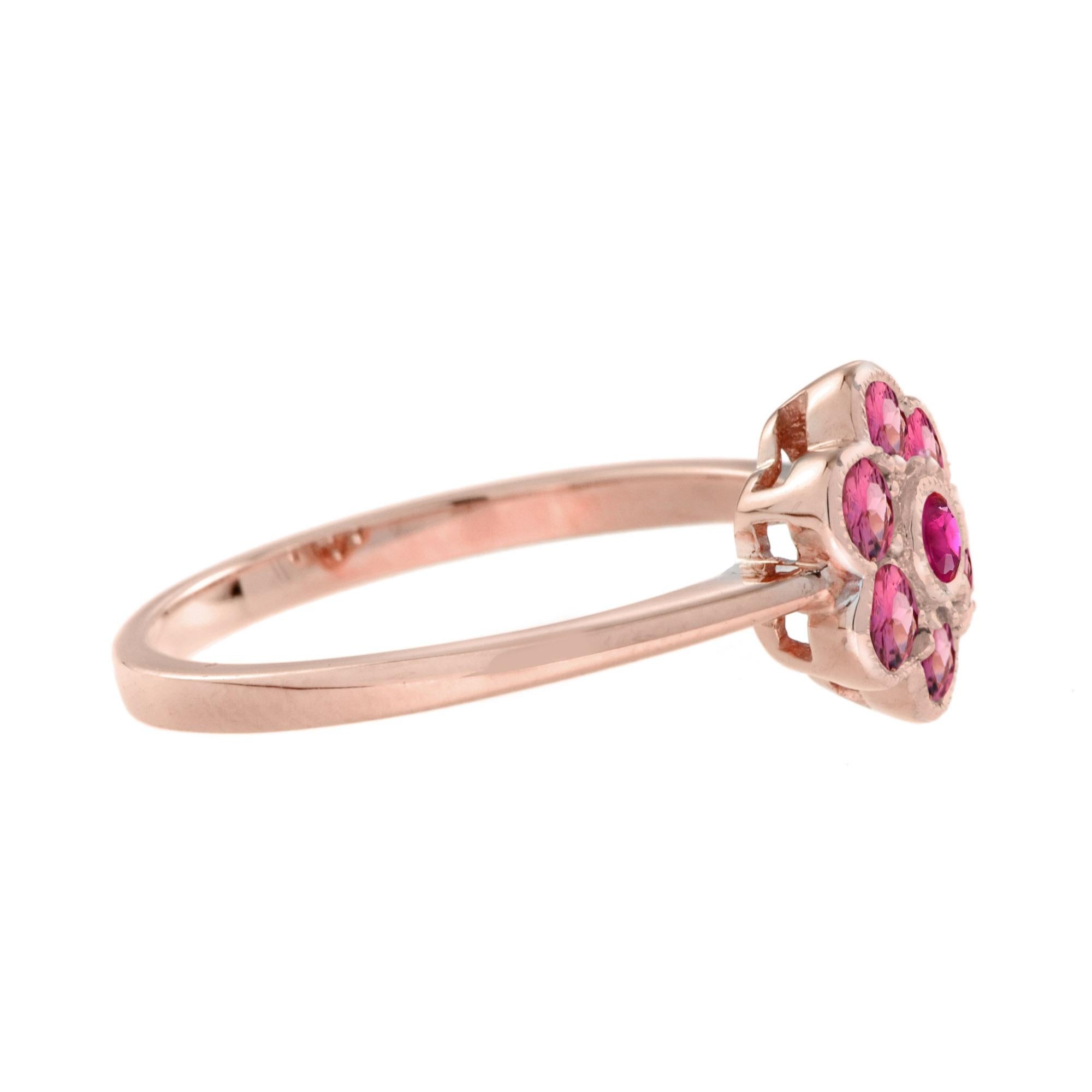 Round Cut Red Pink Round Floral Flower Cluster 14K Rose Gold Ring For Sale