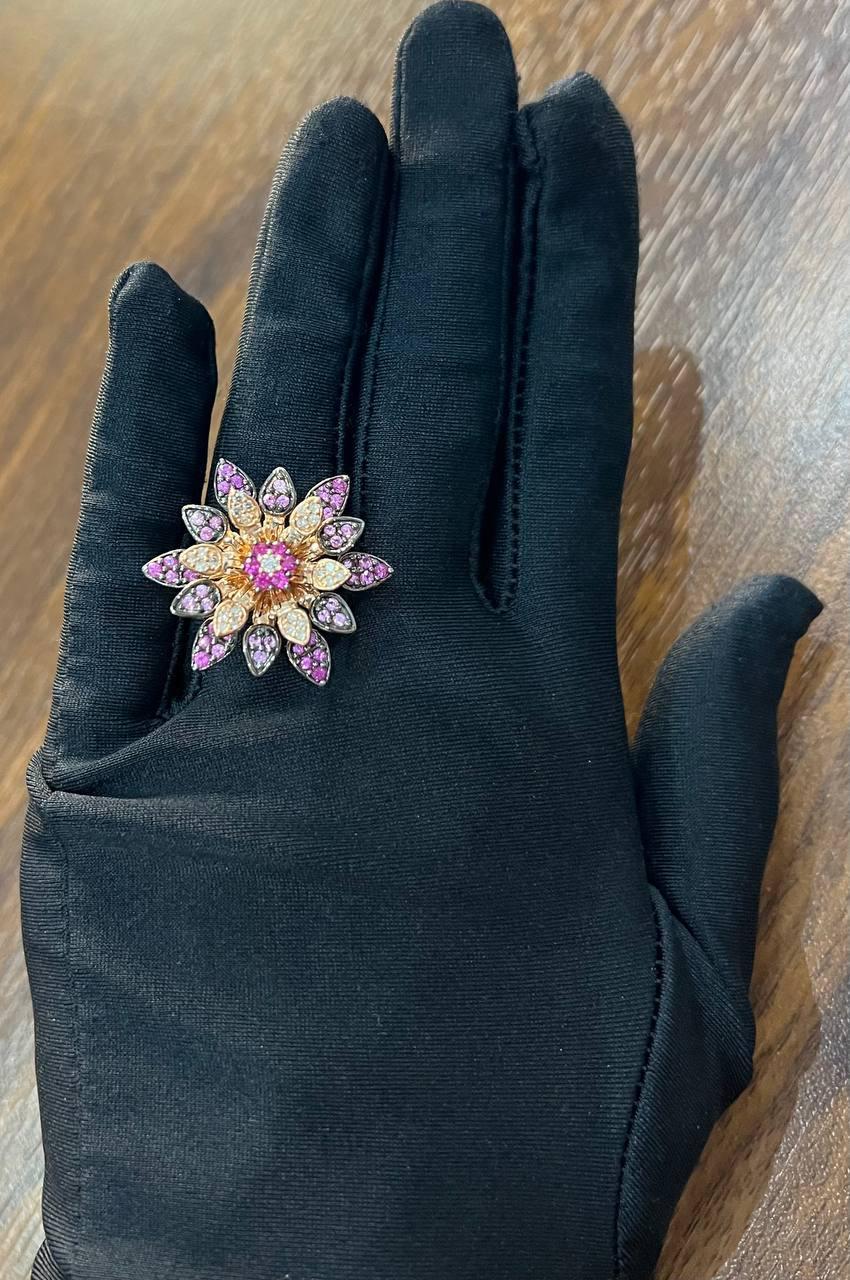 Red Pink Rubies Pave Set Diamonds Rose Gold Floral Flower Lotus Cocktail Ring For Sale 5
