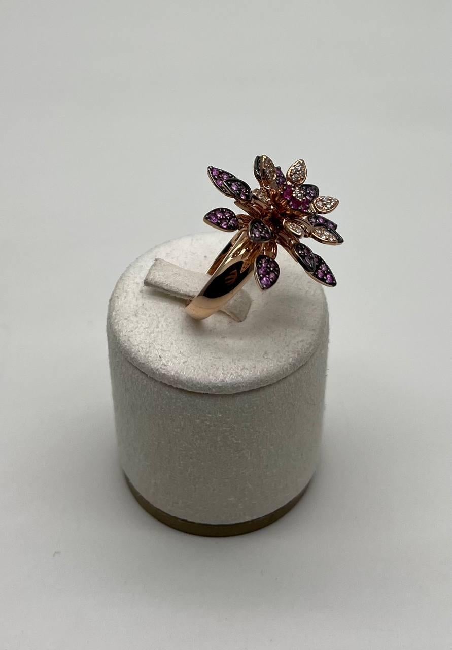 Red Pink Rubies Pave Set Diamonds Rose Gold Floral Flower Lotus Cocktail Ring In New Condition For Sale In Oakton, VA