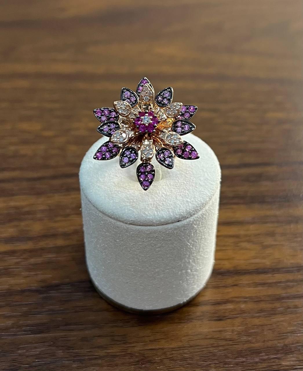 Women's Red Pink Rubies Pave Set Diamonds Rose Gold Floral Flower Lotus Cocktail Ring For Sale