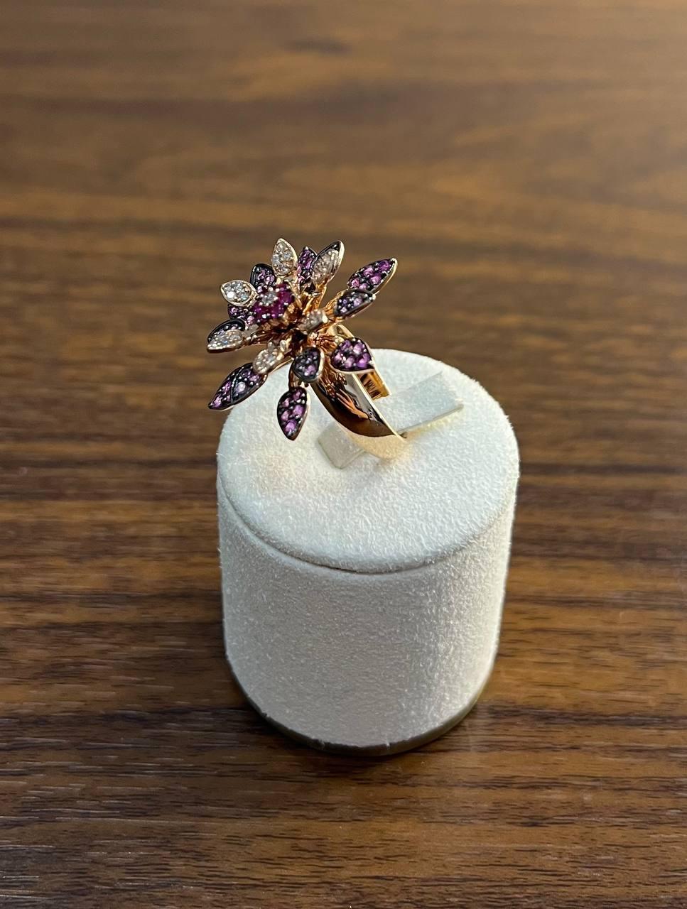 Red Pink Rubies Pave Set Diamonds Rose Gold Floral Flower Lotus Cocktail Ring For Sale 1