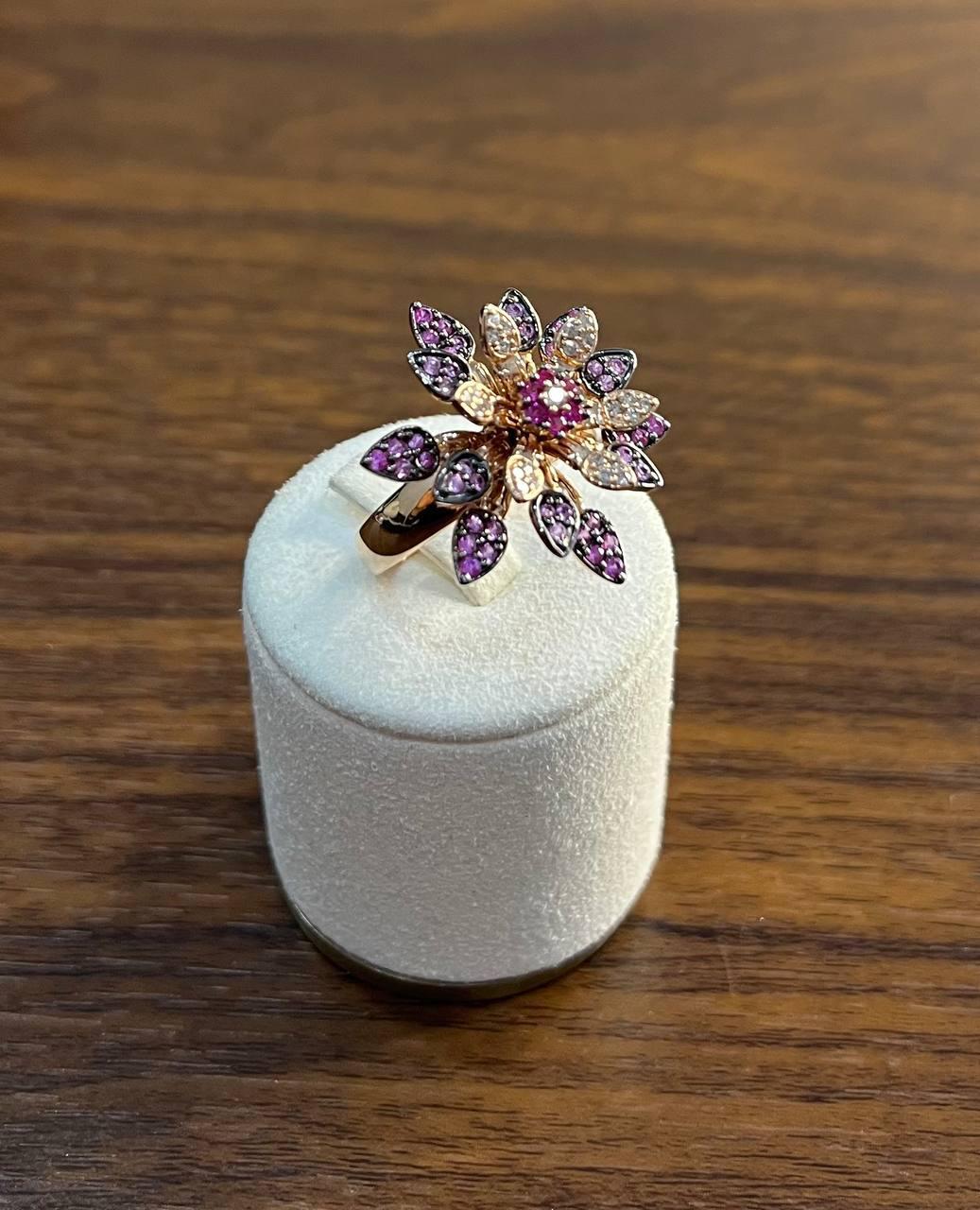 Red Pink Rubies Pave Set Diamonds Rose Gold Floral Flower Lotus Cocktail Ring For Sale 2