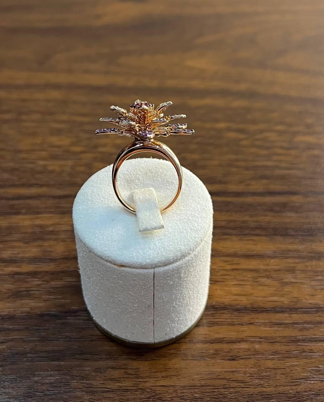 Red Pink Rubies Pave Set Diamonds Rose Gold Floral Flower Lotus Cocktail Ring For Sale 3