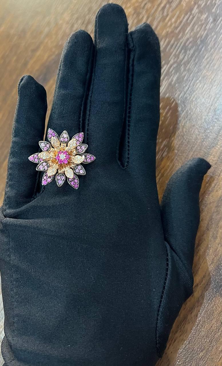 Red Pink Rubies Pave Set Diamonds Rose Gold Floral Flower Lotus Cocktail Ring For Sale 4