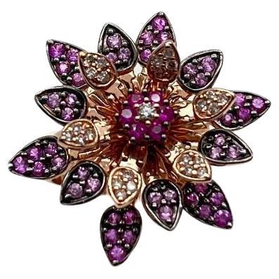 Red Pink Rubies Pave Set Diamonds Rose Gold Floral Flower Lotus Cocktail Ring