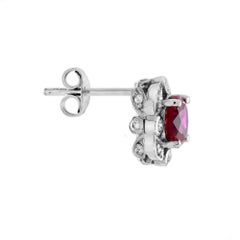 Red Pink Ruby & Diamond Antique Style 14K White Gold Stud Earrings