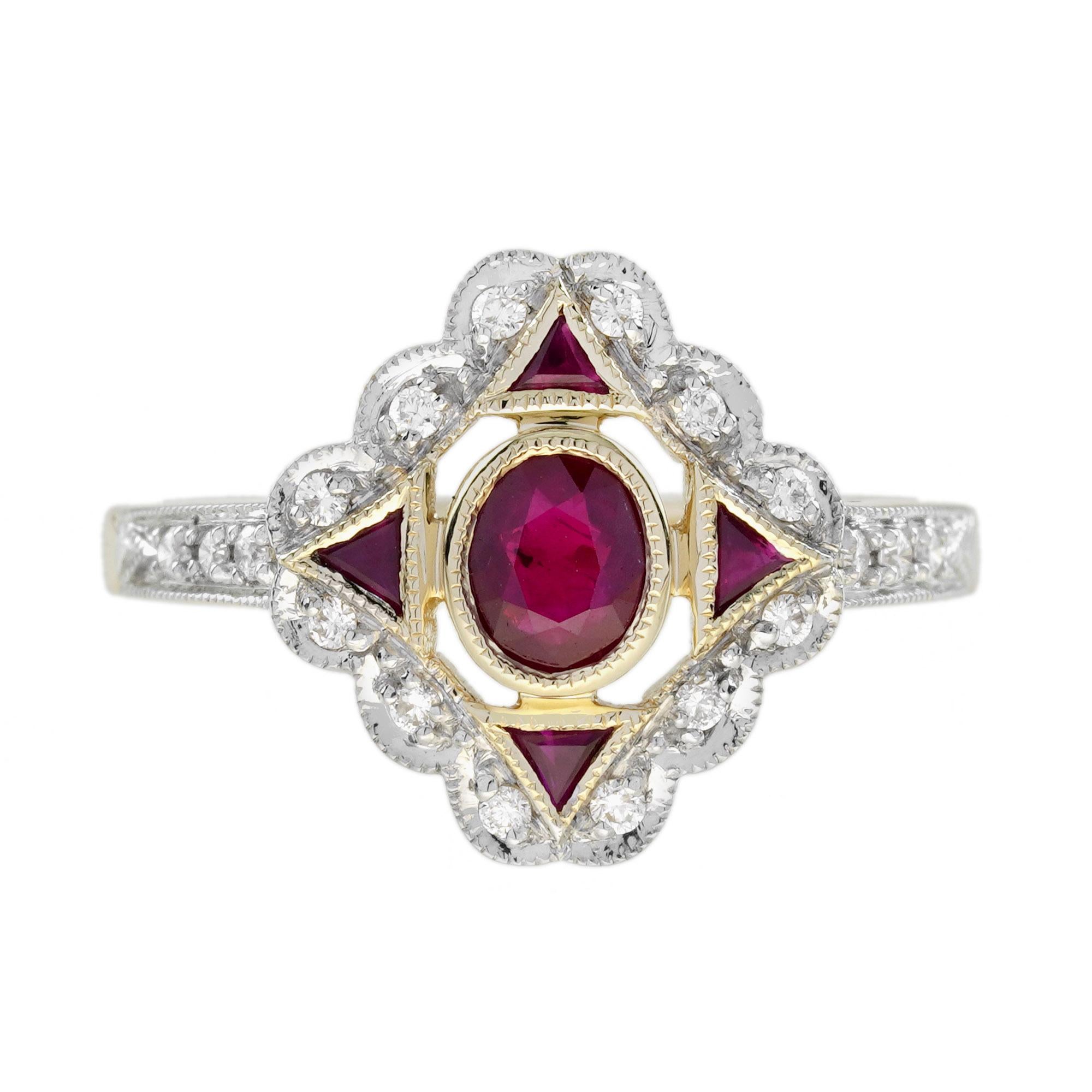 Bague d'inspiration Art déco, sertie au centre d'un rubis naturel ovale, bordé d'un filet en milligramme typique de l'Art déco, entouré de rubis en forme de triangle sur les côtés, en haut et en bas, avec des diamants scintillants accentuant la