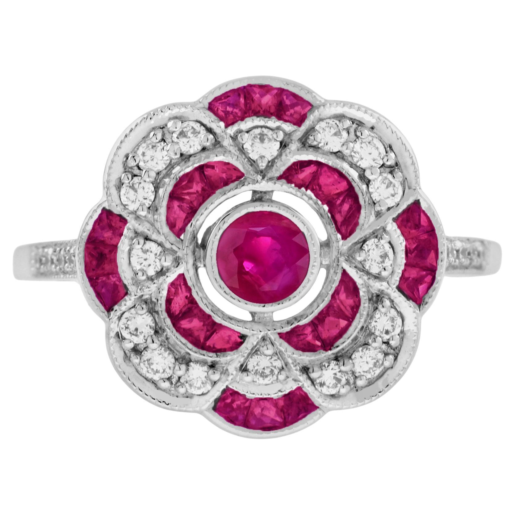 Roter Pink Rubin & Diamant Art Deco Stil Floral Cluster 14K Weißgold Ring