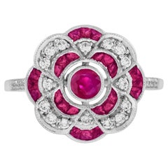 Roter Pink Rubin & Diamant Art Deco Stil Floral Cluster 14K Weißgold Ring